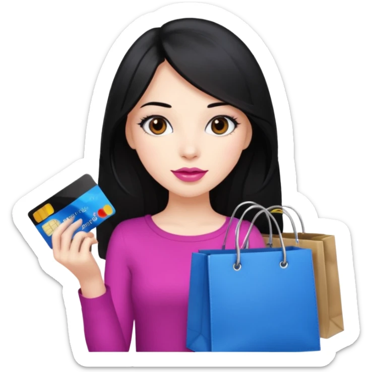 Girl with long black hair, pink lipstick, brown eyes holding shopping bags and blue credit card sticker