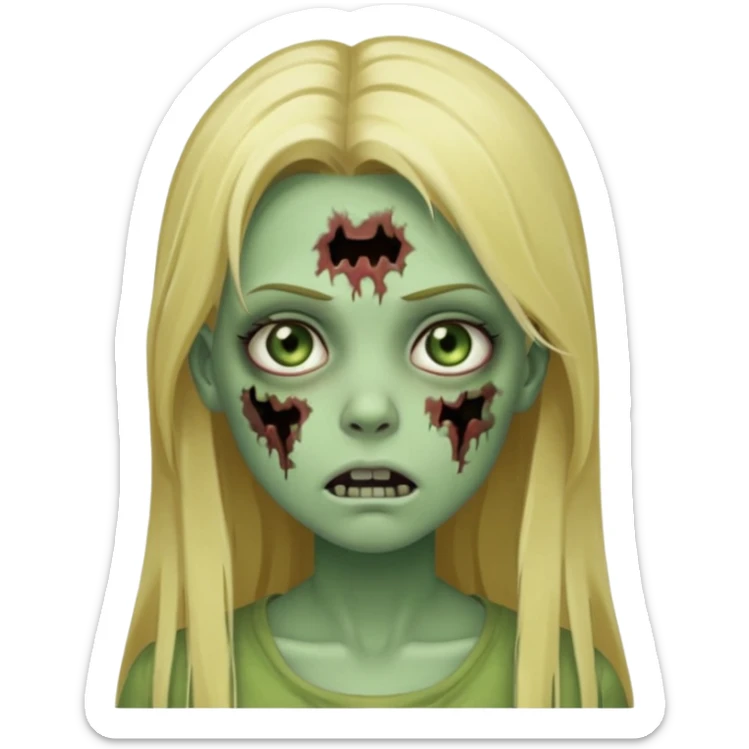 girl zombie with blonde straight long hair green skin and with no angry face and with the mouth closed sticker