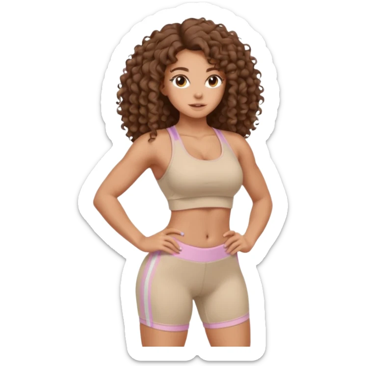 Create dream body girl with big glute and small waist and brown flat no volume curly long hair with pastel beige gym clothes  sticker