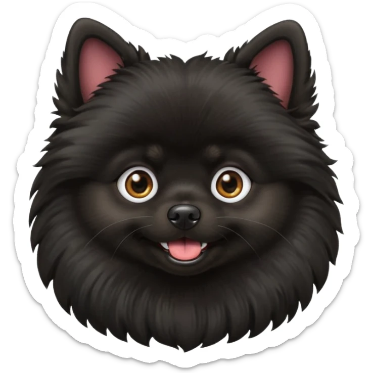 Create an emoji-style illustration of a black Pomeranian dog. The dog should have fluffy fur, a small round face, perky ears, and a cheerful expression. Keep the background simple or transparent. The emoji should be cute, expressive, and suitable for digital use sticker