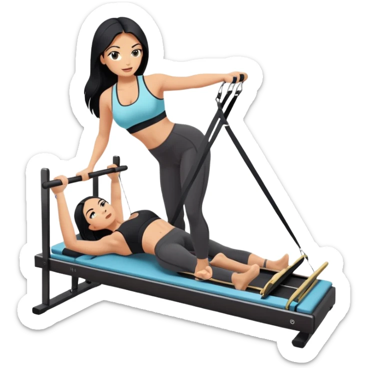 woman with tanned skin, long black hair, wearing a sports bra, doing exercise on a Pilates reformer machine sticker