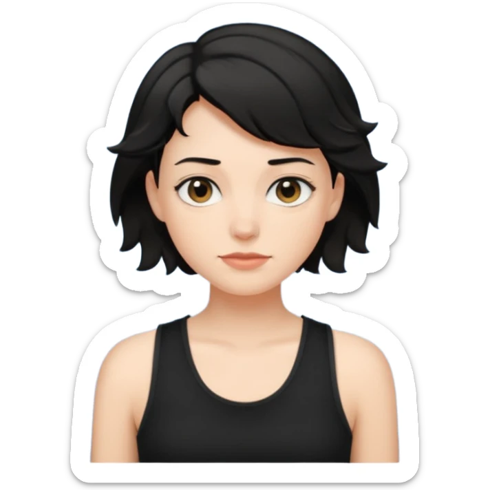 a white woman with short tomboy wavy black hair wearing men's black tank top sticker