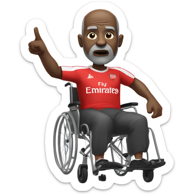 old black bald man with a round belly in wheelchair. angry face. grey stubble. he is pointing finger in front. wearing Arsenal soccer shirt sticker
