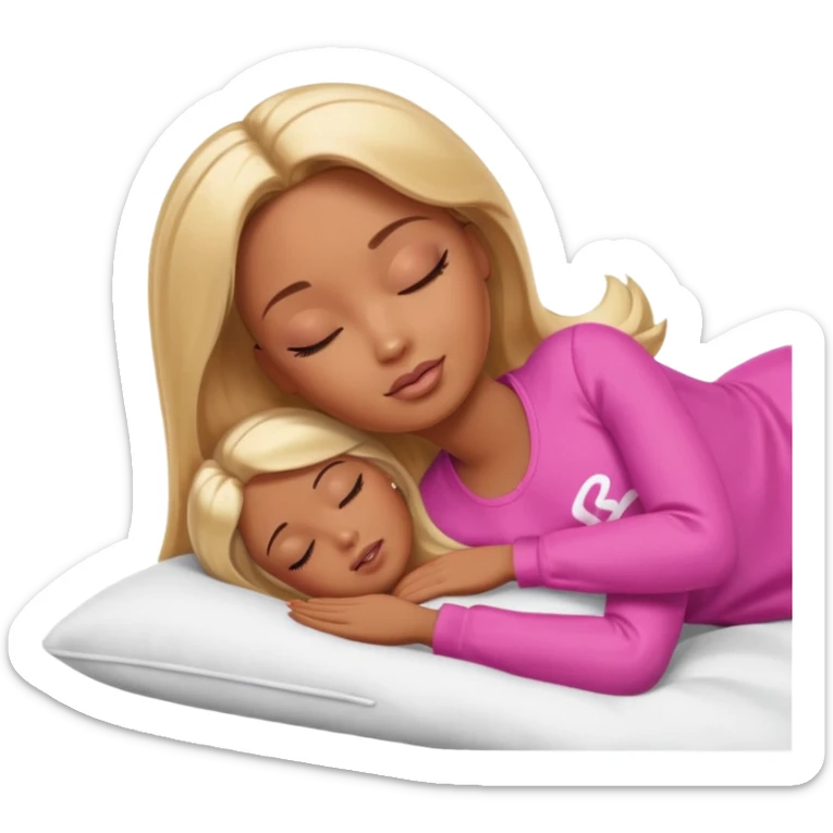 Brown skin blonde hair Barbie laying on side sleeping in bed with eyes closed sticker