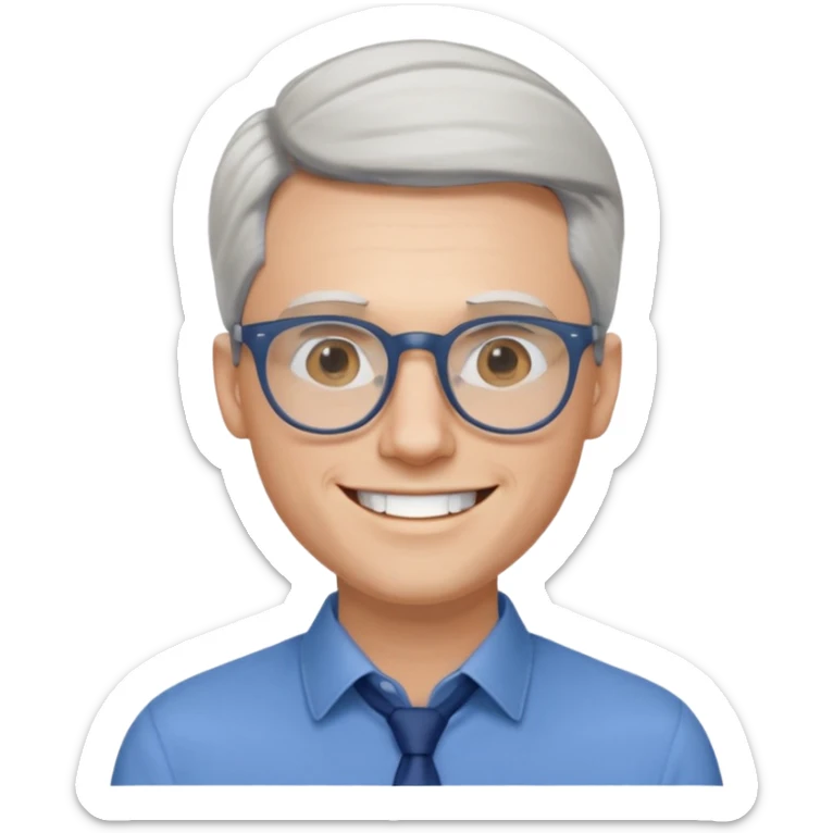 30 yr old pale white man, white/grey side swept stylish hair, round glasses, big smile, white teeth, handsome, longer hair, thin glasses, blue dress shirt sticker