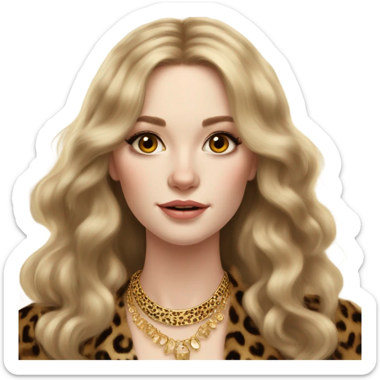 Beautiful pale skin women, long voluminous light brown hair, lots of gold jewelry, leopard fur coat  sticker