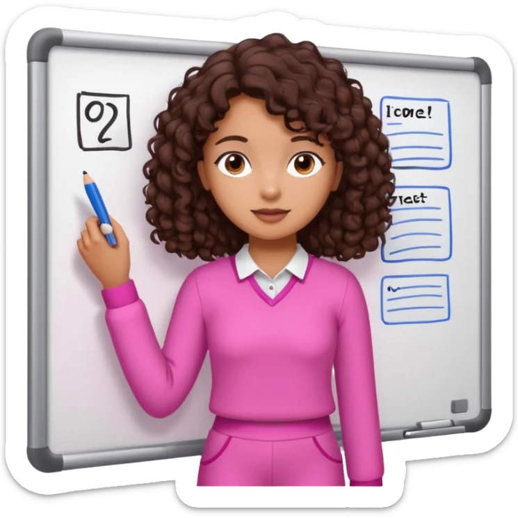 a girl with dark brown curly like hair wearing pink not hot pink 2 piece set teaching up on a board sticker