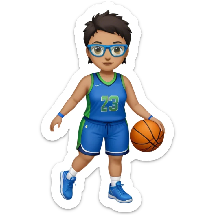 Full Body plus size white female basketball player with short dark hair with highlights spike hair wearing blue glasses  wearing blue green uniform smiling sticker