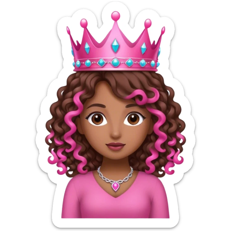 Brown girl diva long curly brown hair with pink crown sticker