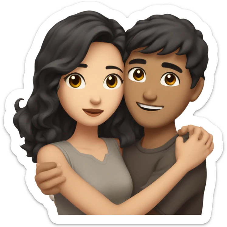 A pale half Asian man with short dark hair and amber eyes embracing and loving a half Asian woman with long wavy dark hair and dark hazel eyes. They love each other a lot And have good fashion taste and are hugging each other tight  sticker