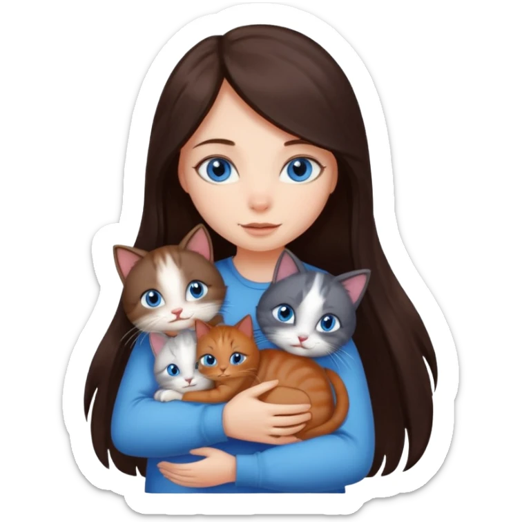 a girl with long dark 
brown hair, with blue eyes, hugs 3 different natural coloured small cats sticker