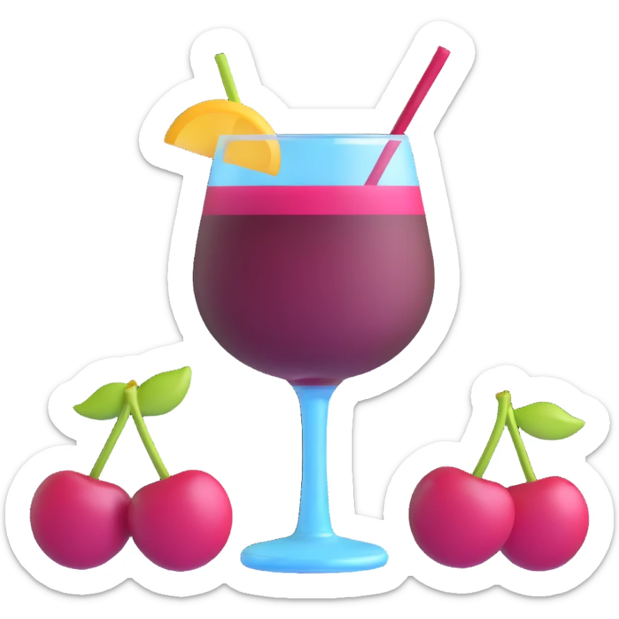 3D emoji style cocktail glass with burgundy drink and a pair of cherries sticker