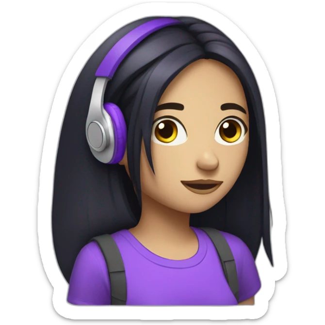 a depressive girl with purple headphones and straight black hair she will have a purple backpack the hair will be parted in the middle and long and the t-shirt will have a text sticker