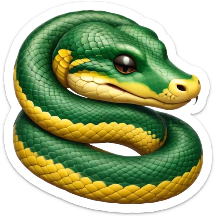 Meme-Worthy cute Sleeping Anaconda Portrait Emoji, Body coiled in a relaxed, peaceful slumber with a contented expression and softly closed eyes, showcasing intricately patterned scales and a serene demeanor, Simplified yet hilariously adorable features, highly detailed, glowing with a soft, drowsy jungle light, high shine, relaxed and utterly lovable, stylized with an air of playful laziness, bright and heartwarming, soft glowing outline, capturing the essence of a sleeping serpent that feels destined to become the next viral sensation of adorable rest! sticker