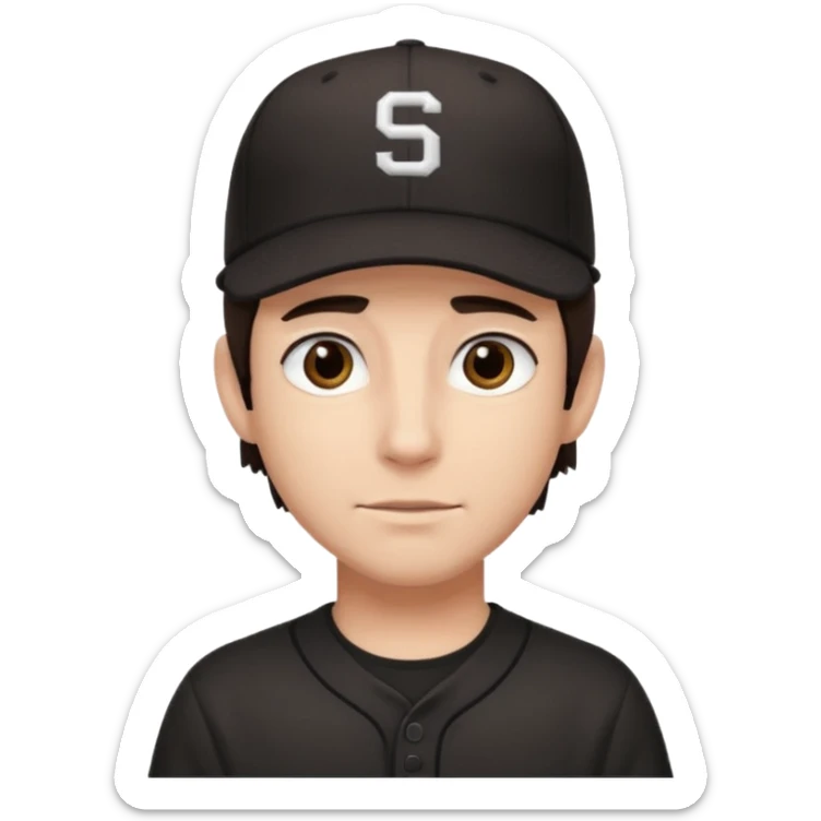 male, dark brown hair, dark brown eyes, fair skin, black baseball hat, no smile sticker