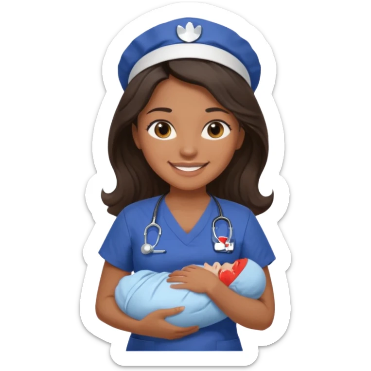 Female nurse smiling with long dark wavy hair with medium brown skin and brown eyes holding one new born with navy blue short sleeves sticker