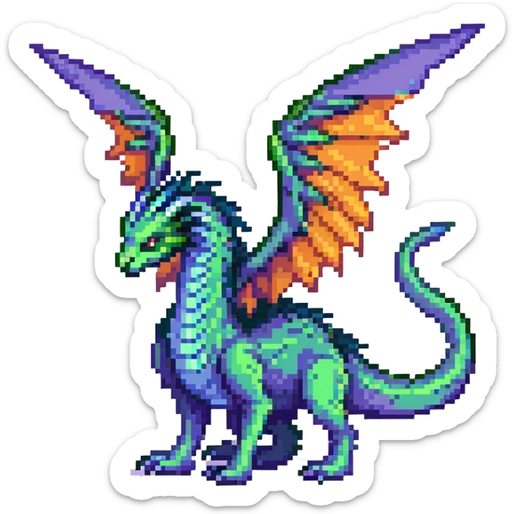 mystical wyrm with a long tail and large wings, colored green, blue, and purple sticker