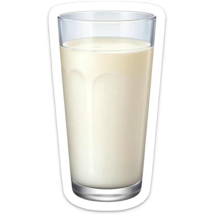 the drink is only milk white, The bottom and mouth of the glass are the same width and thin a toll, There is only white liquid inside, photo realistic, like a third from left sticker