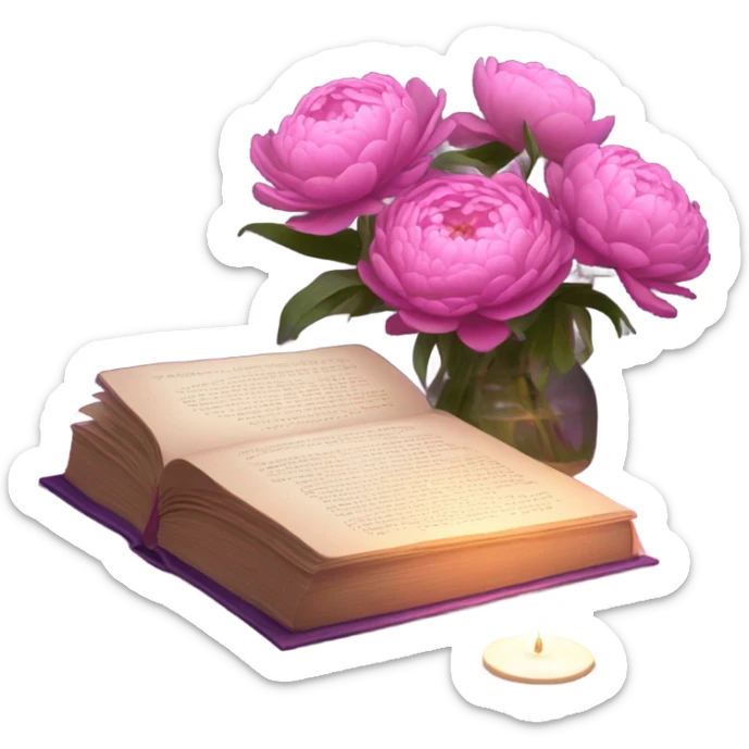A still-life painting style: a violet book with a bouquet of pink daisies and dark pink peonies, candlelight illuminating the scene. sticker