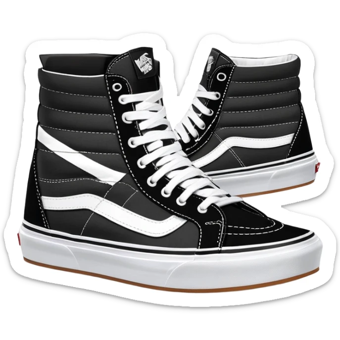 Pair of black Vans Sk8-Hi sneakers clearly arranged with one directly behind the other, high-top skate shoes with white jazz stripe, black canvas upper, white stitching, white rubber sole sticker