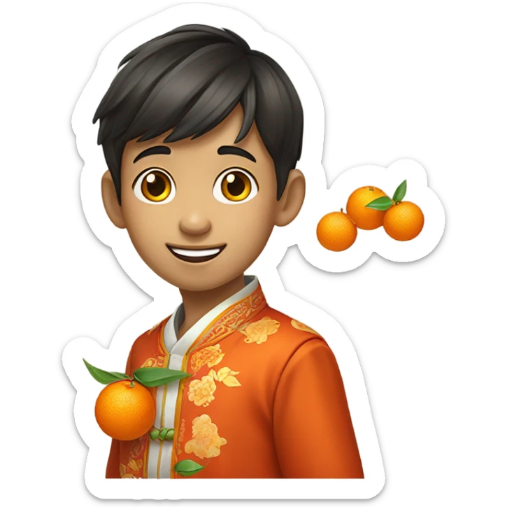 portrait of a stylish boy with mandarin oranges for chinese new year sticker