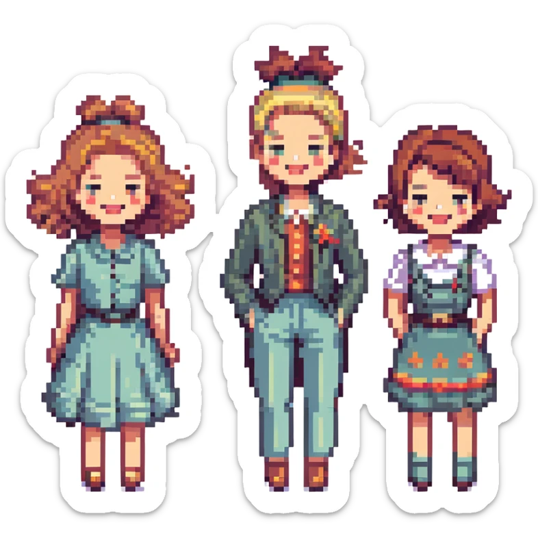 four happy people inspired by the year 1975, retro fashion and hairstyles, vibrant and joyful atmosphere sticker