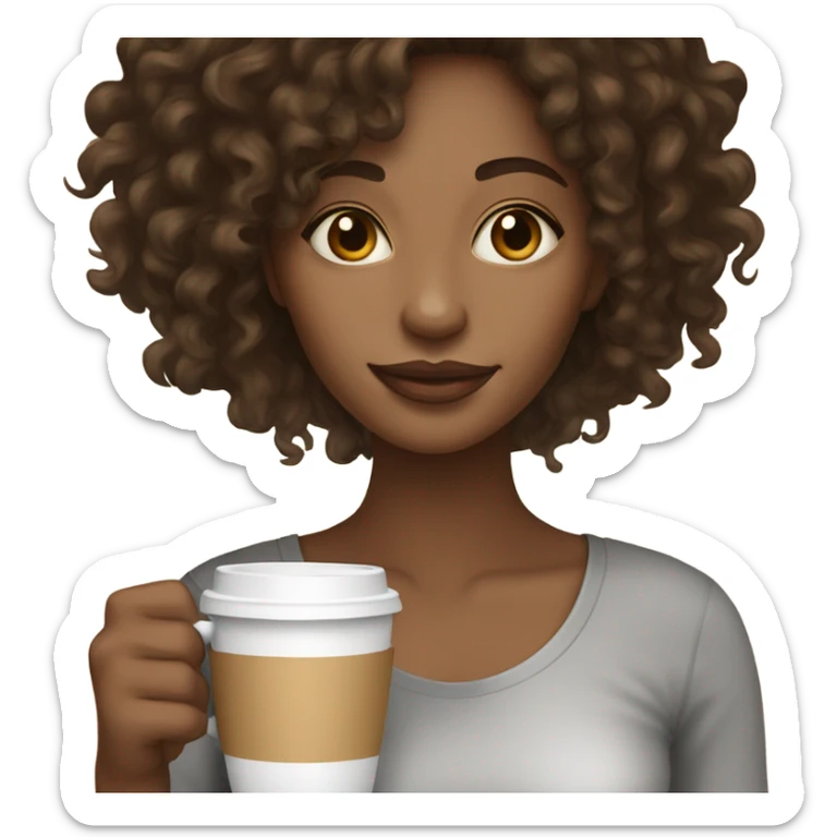 light brown skin woman with long dark brown curly hair sipping coffee sticker