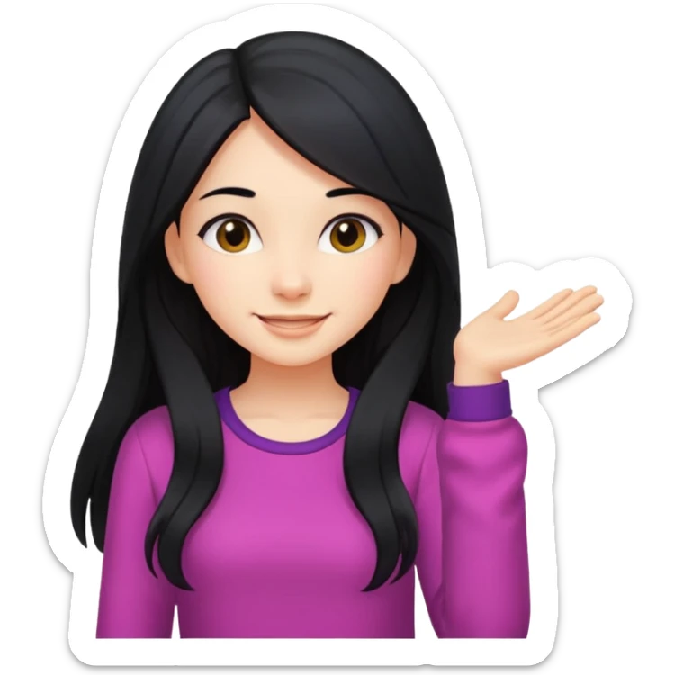 cewe rambut panjang hitam ceria keliatan setengah badan dan badannya kayak lagi nyender ke sesuatu di sebelahnya bajunya ceria sticker