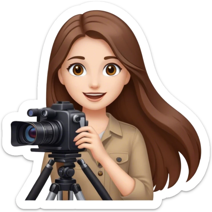 Schönes geschminktes Mädchen mit langen braunen Haaren das eine Kamera bedient und richtig glücklich ist sticker