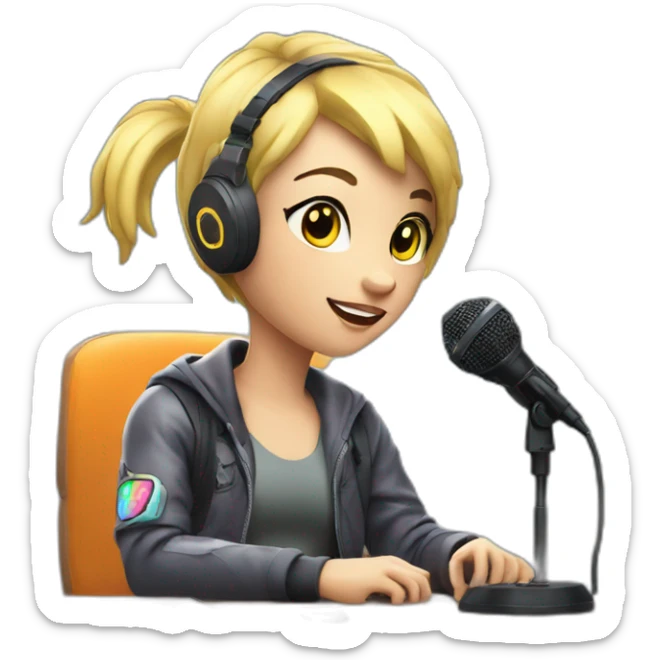 Blonde short hair Gamer with mic on mic arm sitting at desk with neon lights in gaming room sticker