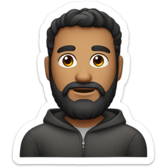 hombre oscuro, fornido, de cabello corto canoso, ojos marrones, cejas pobladas gruesas, barba canosa con sueter sticker