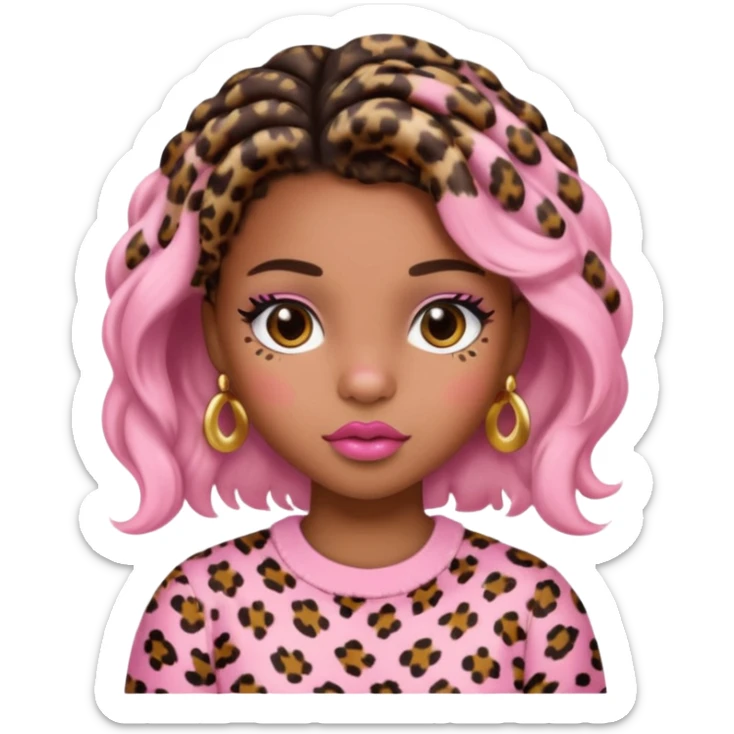 brown-skin teen with baby pink blush and glossy lips and leopard print hair  sticker