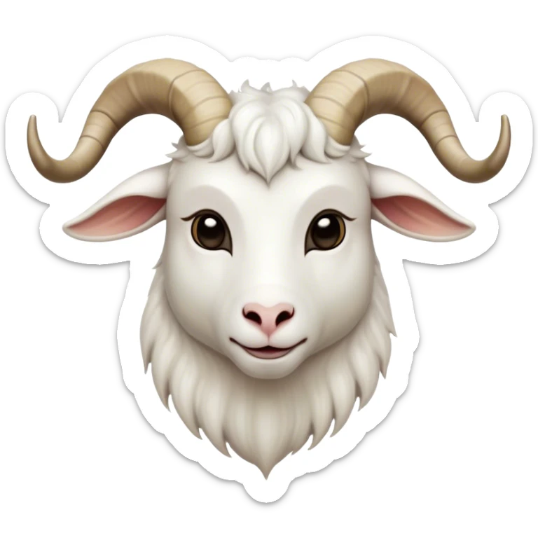 Cinematic Noble White Goat Portrait Emoji, Poised and regal, with a sturdy, agile build and a pristine, smooth white fur accented by gracefully curved horns, deep-set soulful dark eyes, Simplified yet sharp and sophisticated features, highly detailed, glowing with a soft, dignified glow, high shine, intelligent and spirited, stylized with an air of pastoral elegance, focused and attentive, soft glowing outline, capturing the essence of a watchful and confident goat, so majestic it feels as though it could leap out of the screen with effortless authority! sticker