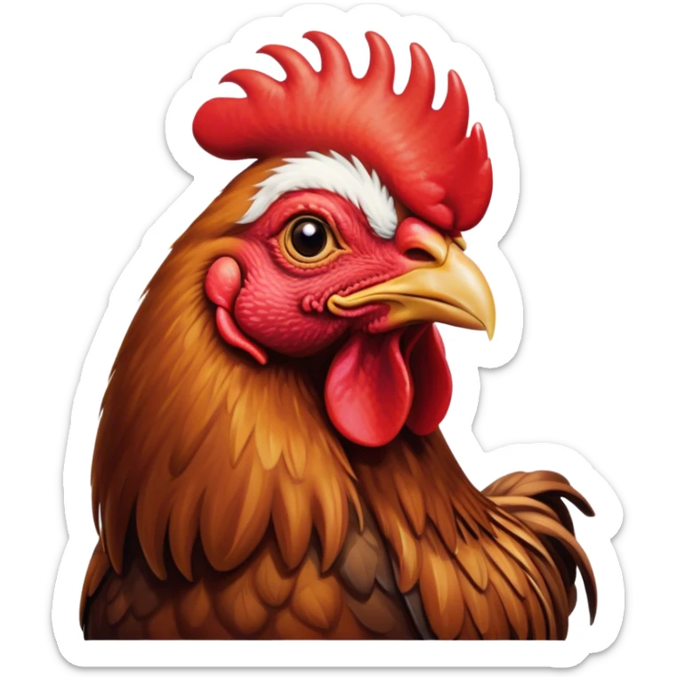 Cinematic Noble Brown Rooster Portrait Emoji, Poised and regal, with a robust, commanding build and a rich, well-groomed brown plumage, deep-set soulful warm eyes, Simplified yet sharp and sophisticated features, highly detailed, glowing with a soft, dignified glow, high shine, intelligent and proud, stylized with an air of rustic majesty, focused and attentive, soft glowing outline, capturing the essence of a watchful and confident leader, so majestic it feels as though it could crow out of the screen with effortless authority! sticker