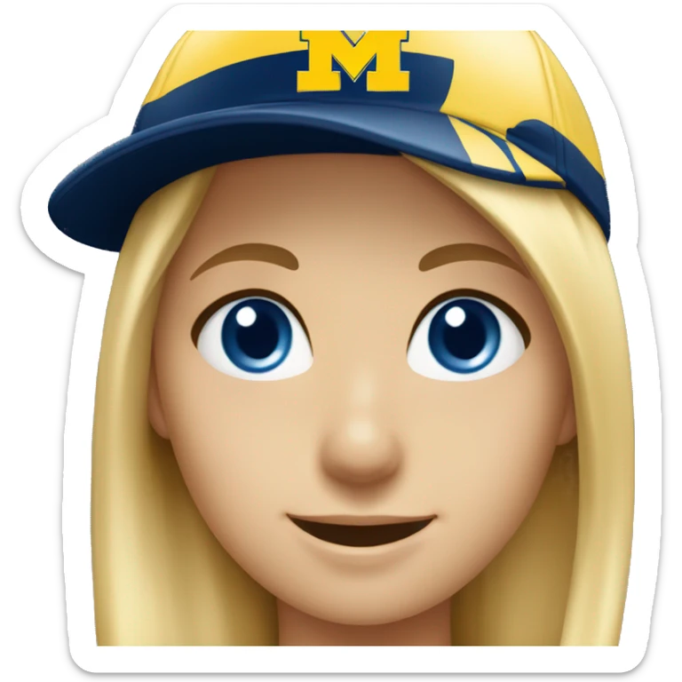 Blonde girl with blue eyes smiling wearing University of Michigan ball cap sticker