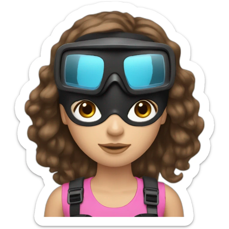 a woman with an a black scubadiver suit. she wear a pink dive mask, she has blue eyes inside the dive mask. brown long and straight hair sticker