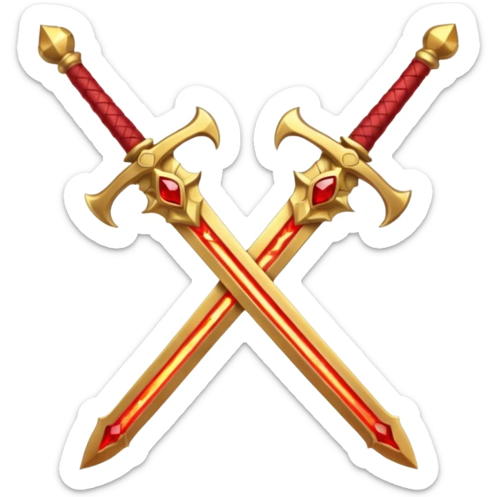 Two crossed swords that are golden in blade and handle and have fiery and royal appearence to them as well as red gem stones sticker