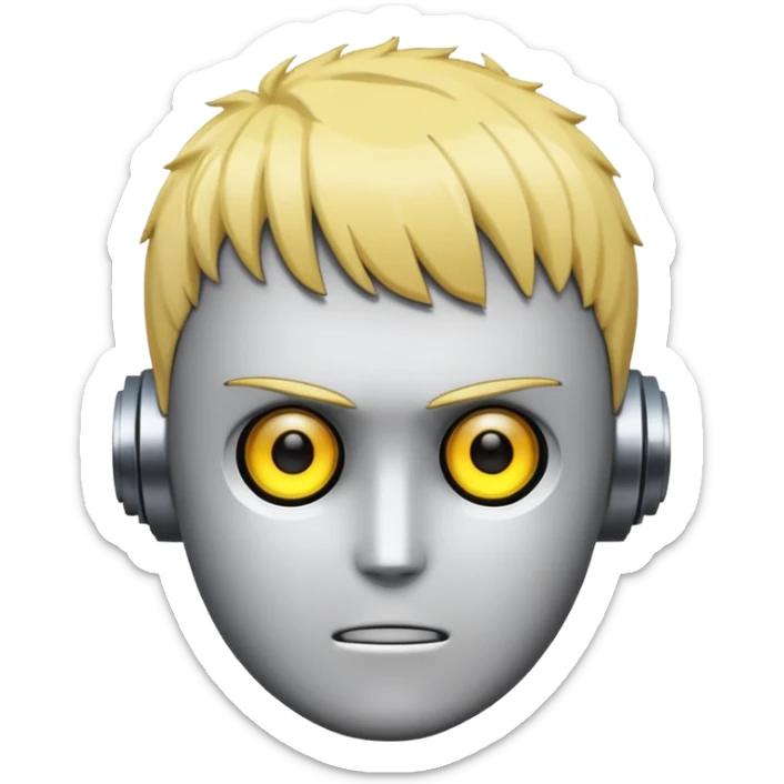 compact emoji of Genos from One Punch Man, robotic face, yellow eyes, robot emoji style sticker
