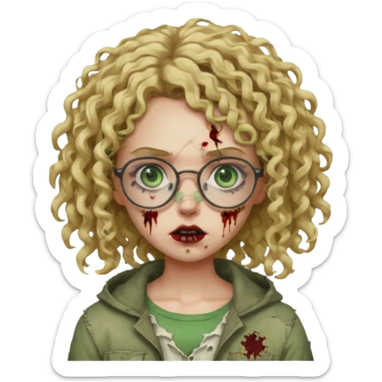 a curly girl blonde with green eyes and glasses zombie sticker