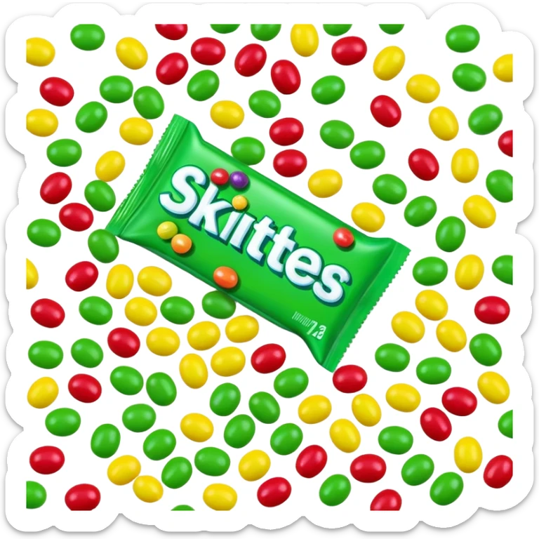 A pile of green Skittles candies next to a colorful Skittles package. Simple minimalist design. sticker