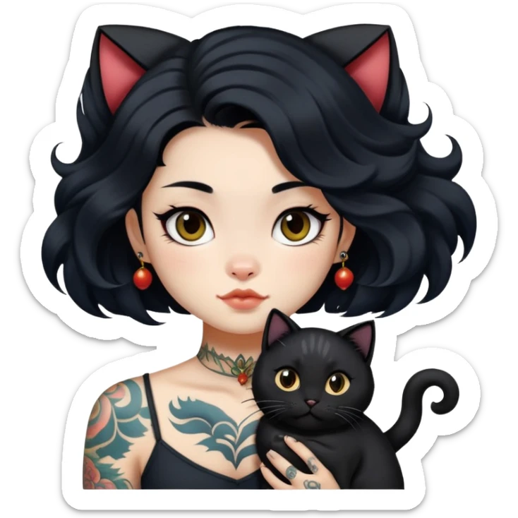 a Chinese girl with long black  Big Wave hair and tattoos and a black round faced cat  sticker