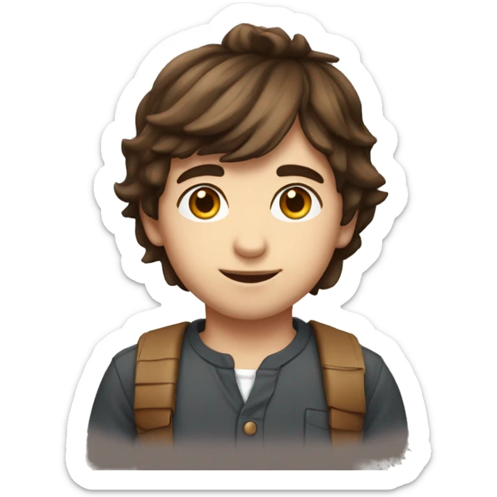 Young Boy, straight brown hair, brown eyes, white skin, birthday party hat sticker