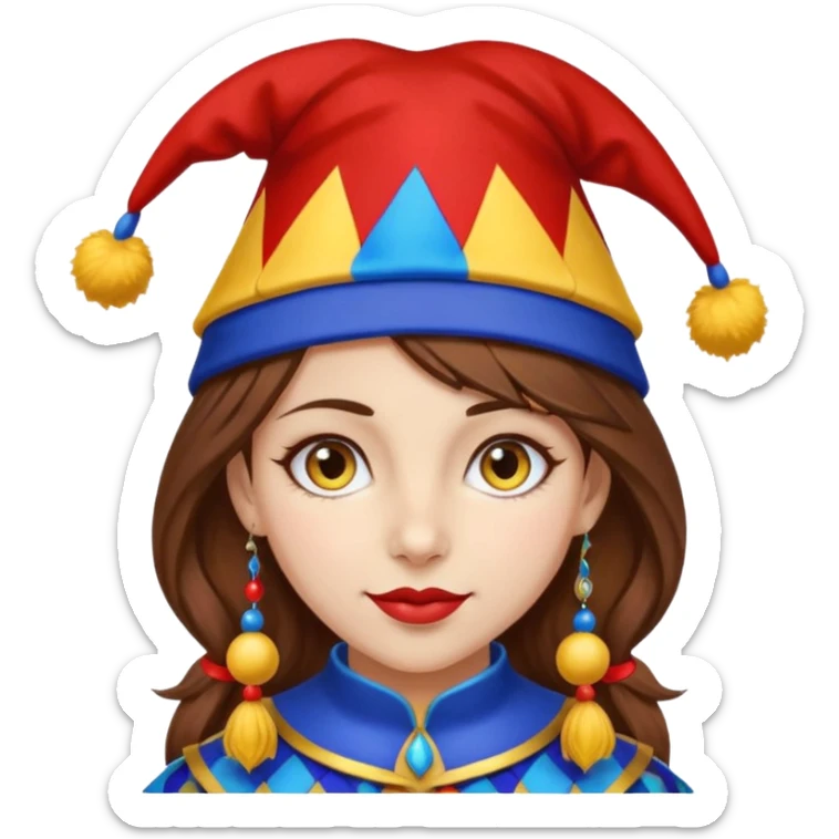 a girl with brown hair a blue and red jester hat with yellow pom pom's at the tip of the jester hat her eyes a patren of red and blue  sticker