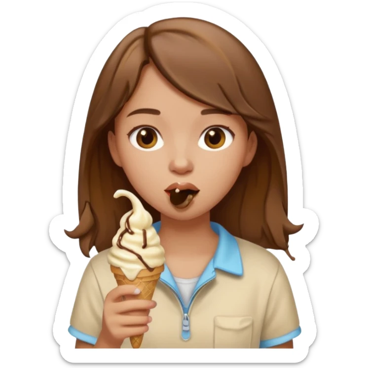 Un fille  brune au vêtement  beige qui mange une glace sticker