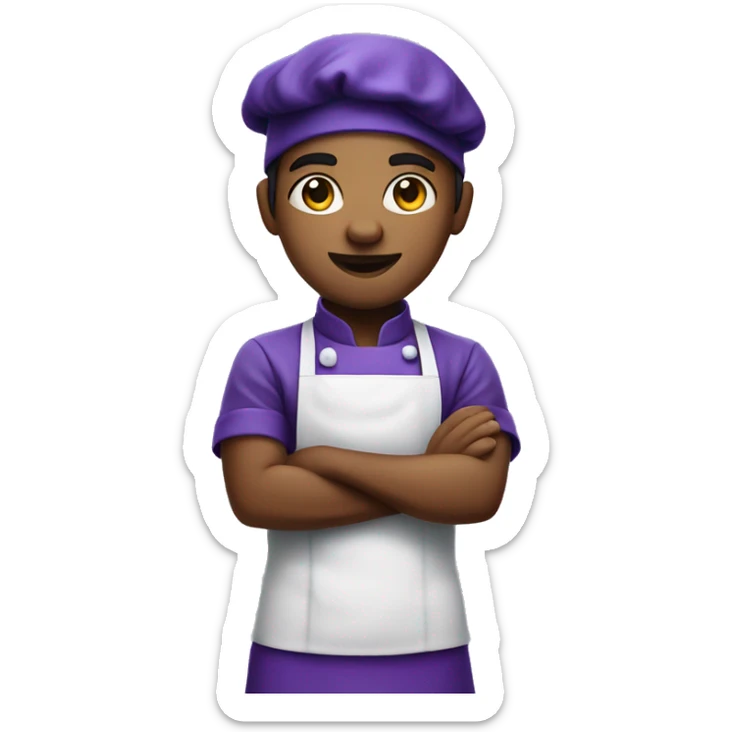 A tied hair and cool looking young chef with a cap, and apron, blue and purple colors sticker