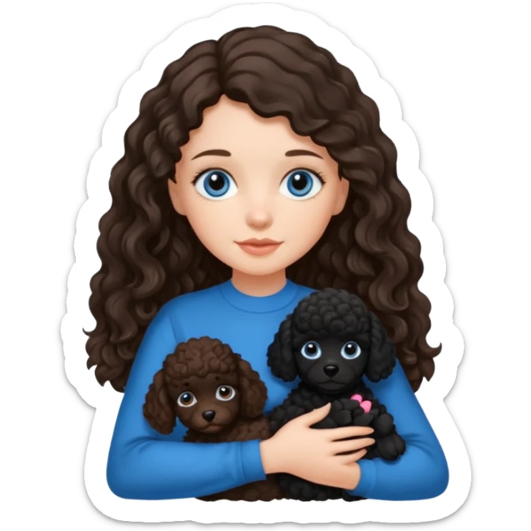 Brunette girl with long wavy hair and blue eyes holding one black puppy poodle with brown eyes. No decoration on the dog.  sticker