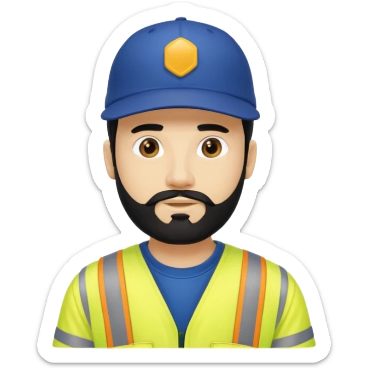 Man in yellow hi vis overalls, with black hair and full beard, wearing a dark blue baseball cap  sticker