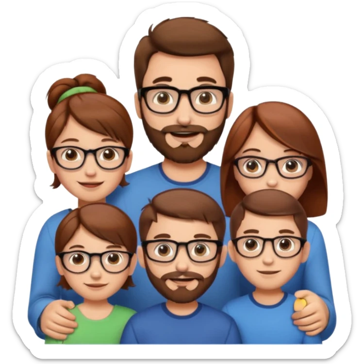 cheerful white European family, man with brown hair and beard, woman with brown hair in bun and glasses, 10-year-old boy with short brown hair, 8-year-old girl with long brown hair, 6-year-old boy with short red hair, emoji style sticker