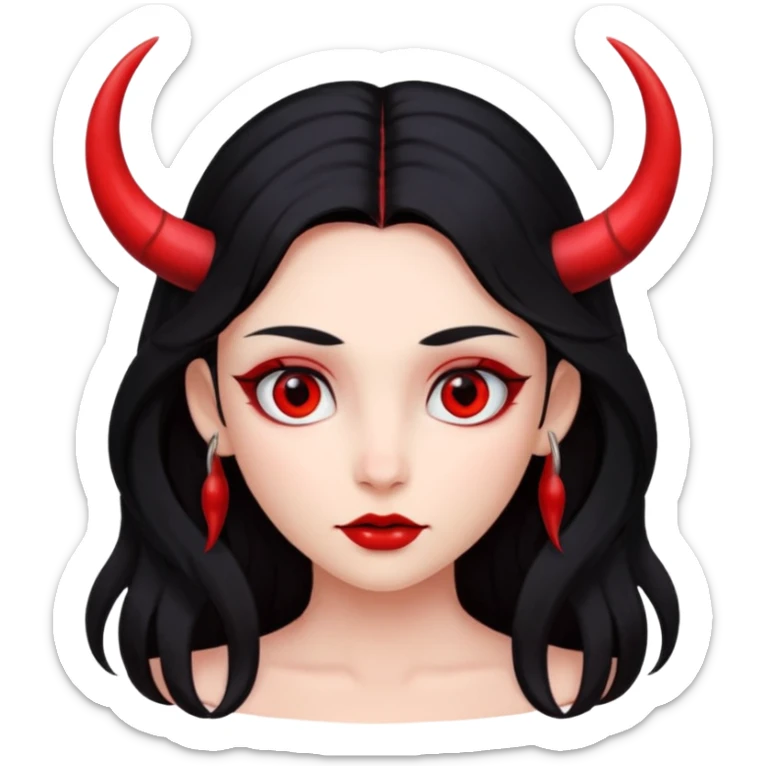 A girl's face with cheekbones, completely red skin, long black hair, small red horns, and red eyes. sticker