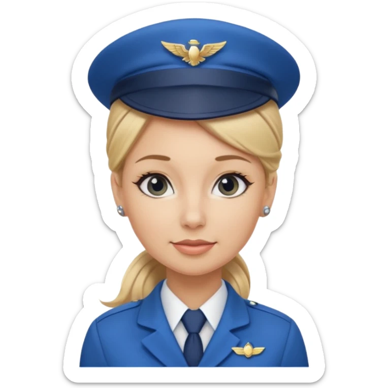 Create an emoji of a female flight attendant with blonde hair tied up, wearing a blue flight attendant hat and a blue flight attendant uniform. sticker